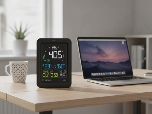 Luchtkwaliteitsmeter op een bureau