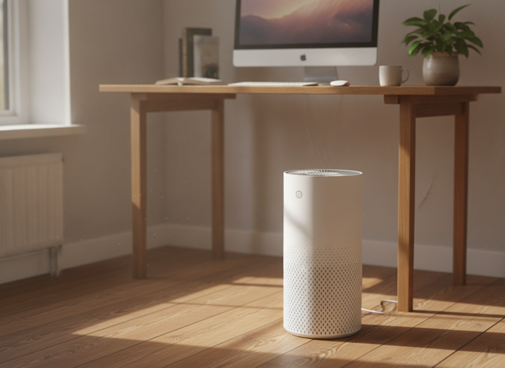 Een AXP-luchtreiniger naast een bureau in een werkkamer