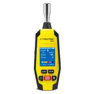 Trotec BQ21 mini-deeltjesmeter met kleurendisplay dat PM2,5 en PM10 toont